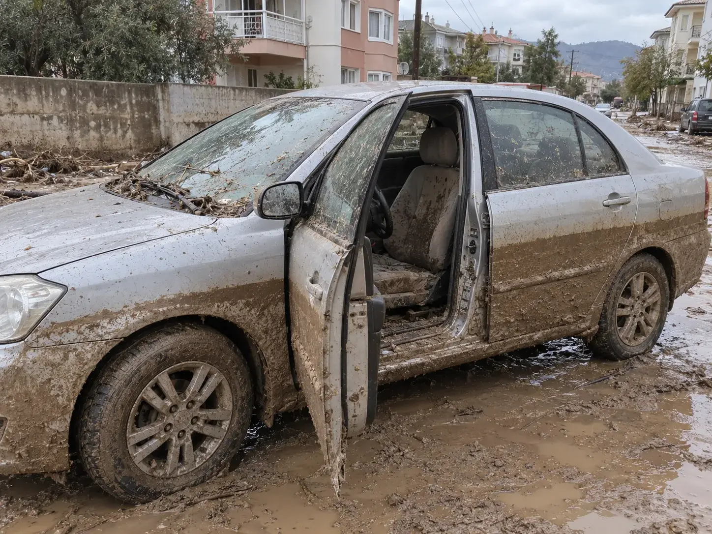 Sürücü kapısı açık, gövdesi ve iç mekanı çamura bulanmış, üzerinde belirgin bir su seviyesi izi olan gümüş renkli sedan, çamurlu bir sokakta duruyor.